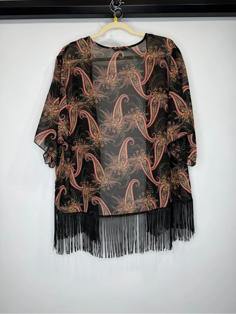 Charlotte Russe Black Paisley Fringe Kimono Cardigan Size M